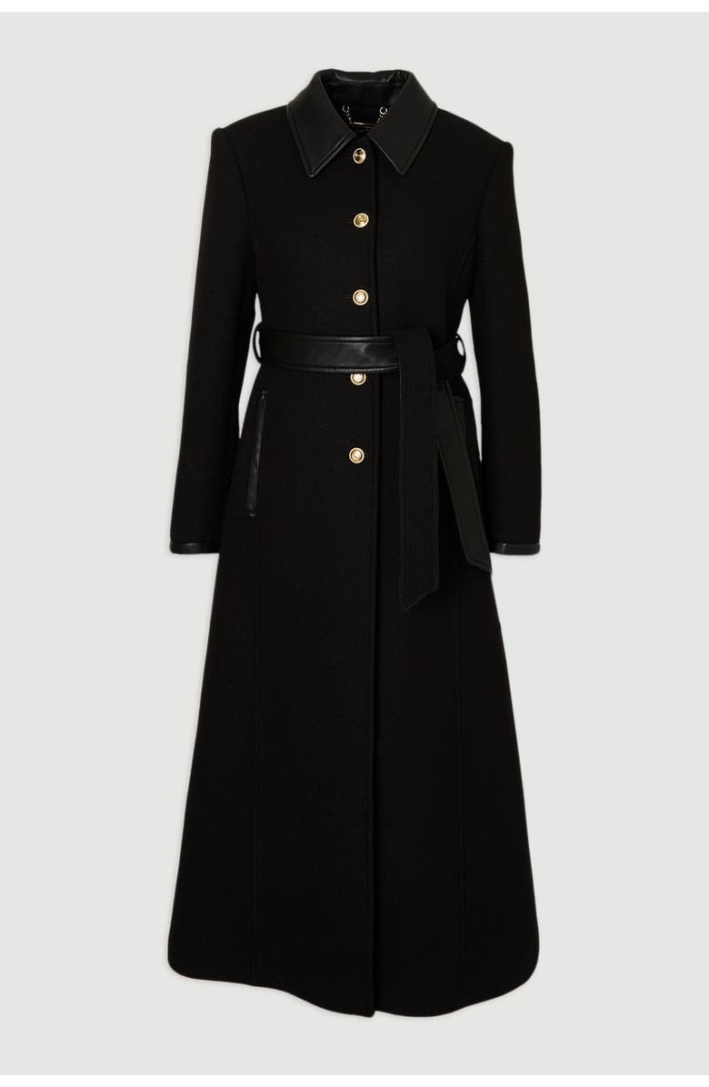 Karen Millen Wool Pu Mix Belted Tailored Maxi Coat, Alternate, color, Black