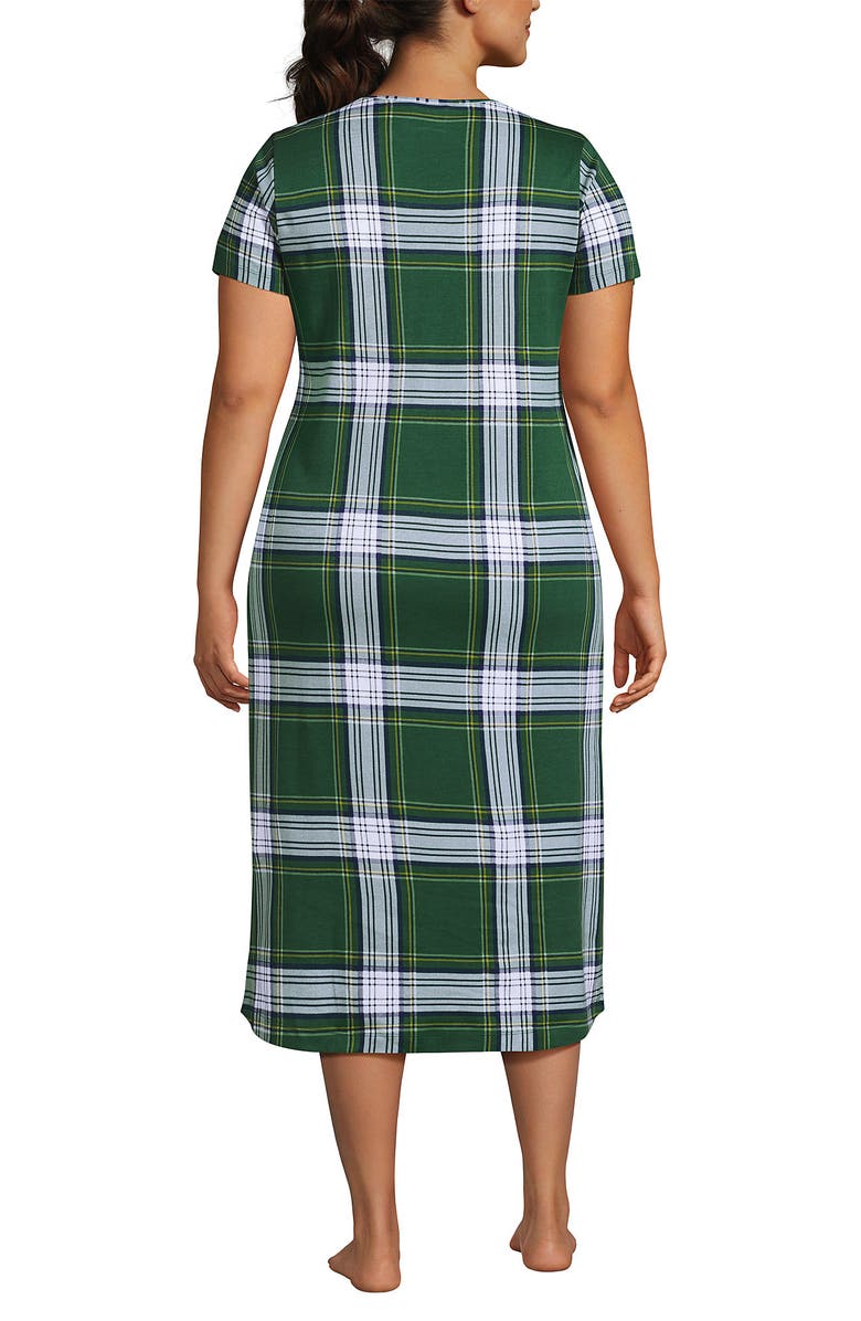Lands' End Cotton Short Sleeve Midcalf Nightgown, Alternate, color, Light Emerald Plaid