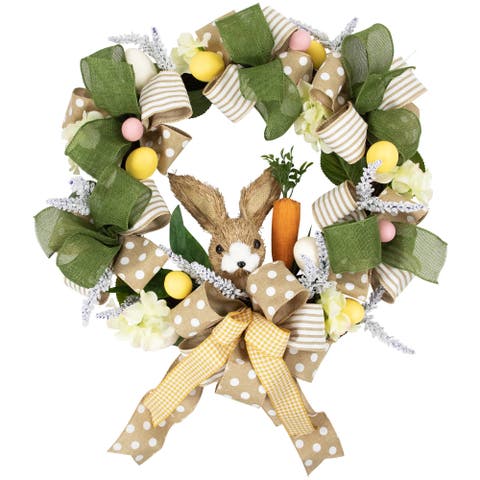 Bunny and Bows Floral Easter Wreath - 22" - Green and Beige - Unlit
