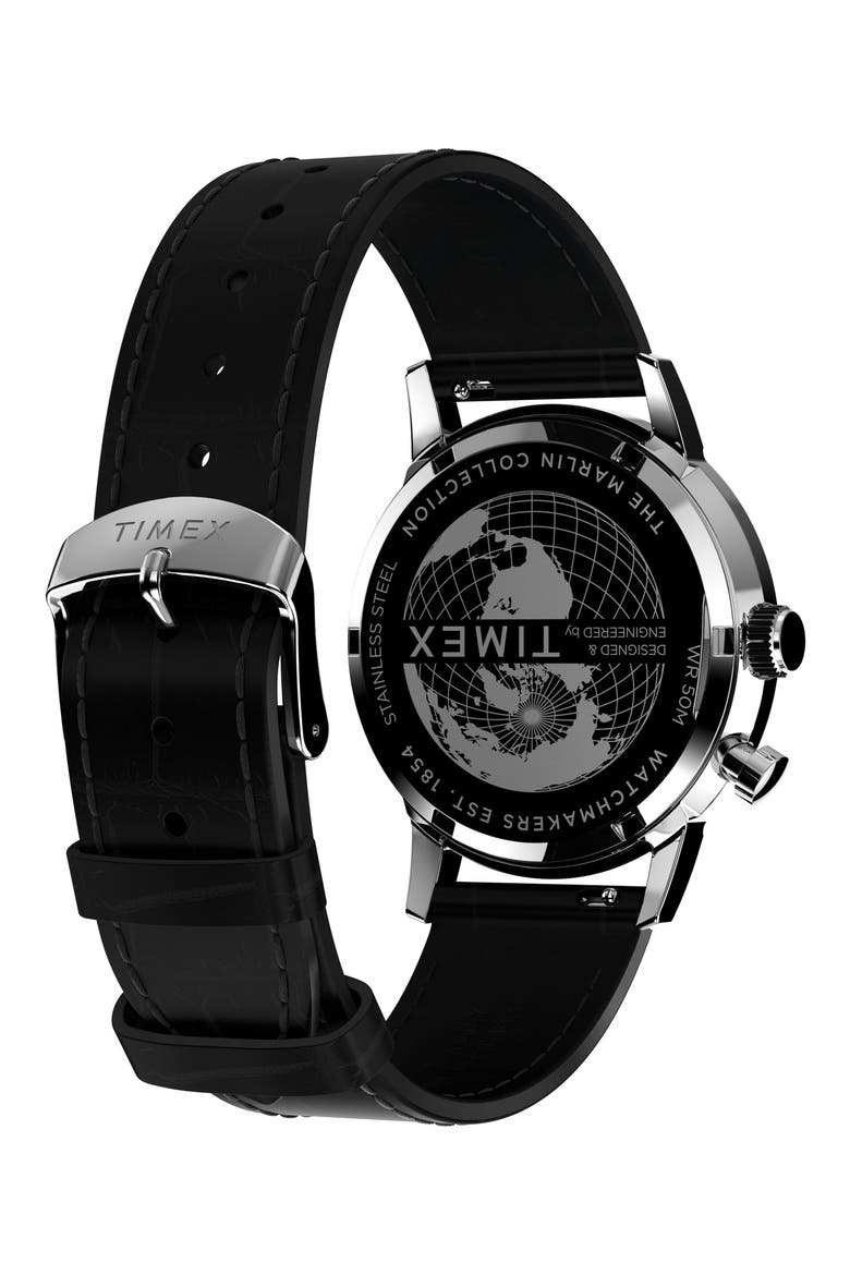 Marlin Moon Phase Leather Strap Watch, 40mm, Alternate, color, BLACK