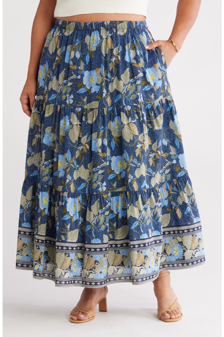 Print Tiered Maxi Skirt, Main, color, NAVY- OLIVE JACOBEAN BORDER