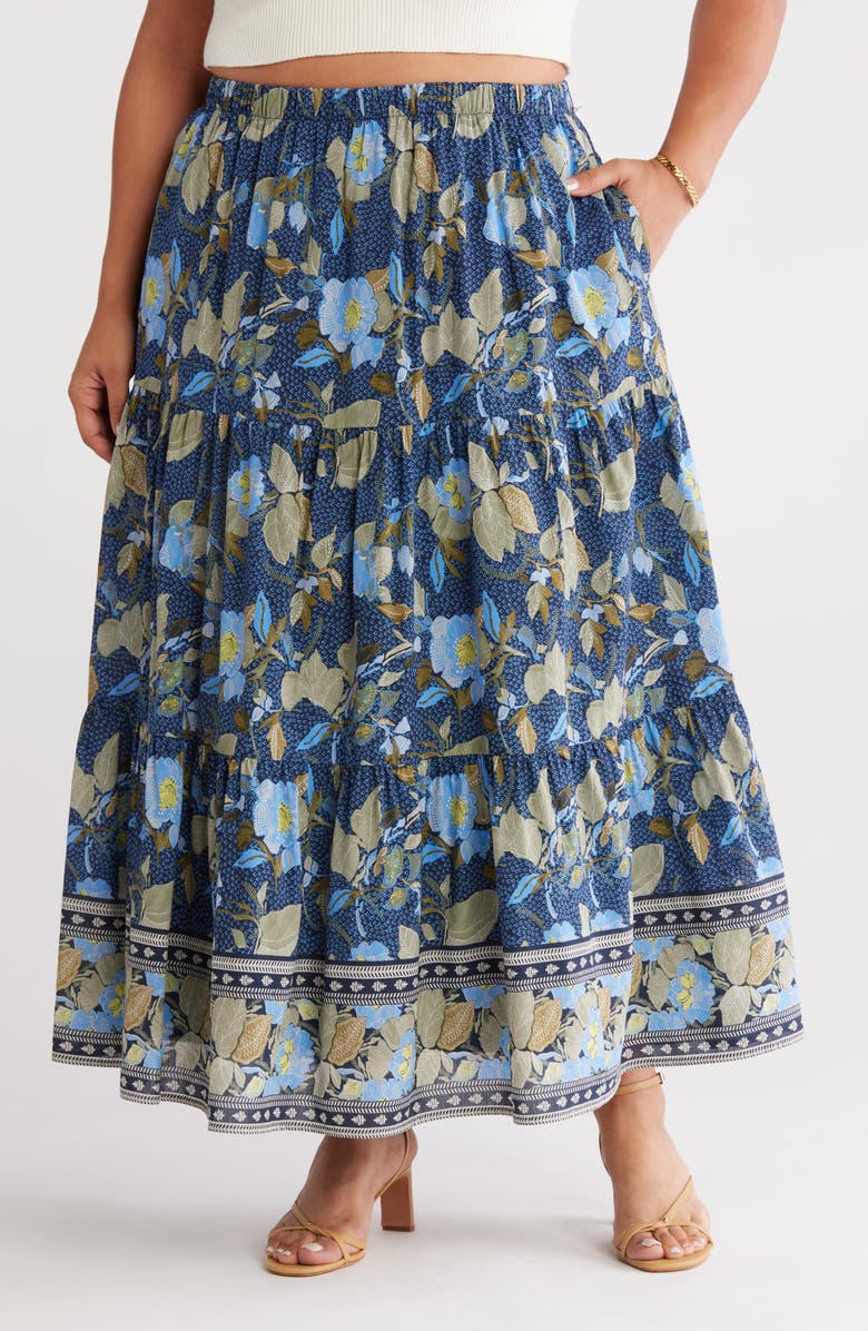 Treasure & Bond Print Tiered Maxi Skirt, Main, color, Navy- Olive Jacobean Border