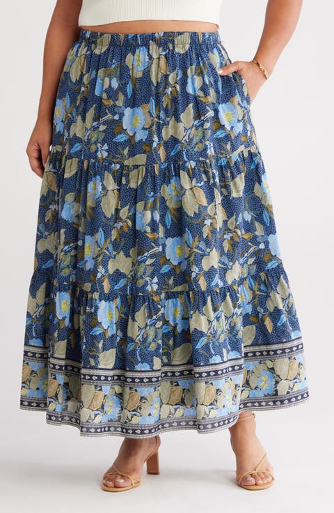 Print Tiered Maxi Skirt (Plus)