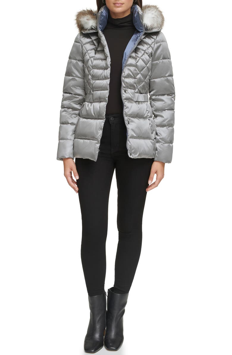 Kenneth Cole New York Core Mixed Puffer Jacket with Faux Fur Trim, Alternate, color, Gunmetal