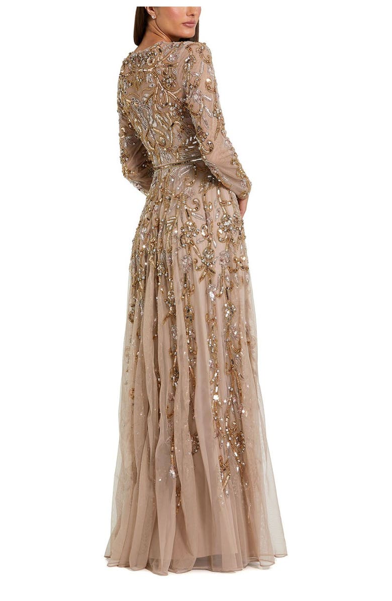 Mac Duggal Long Sleeve Hand Embellished Gown, Alternate, color, Mocha Gold