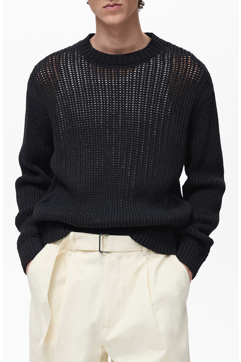 Oversize Openwork Cotton Crewneck Sweater, Main, color, BLACK