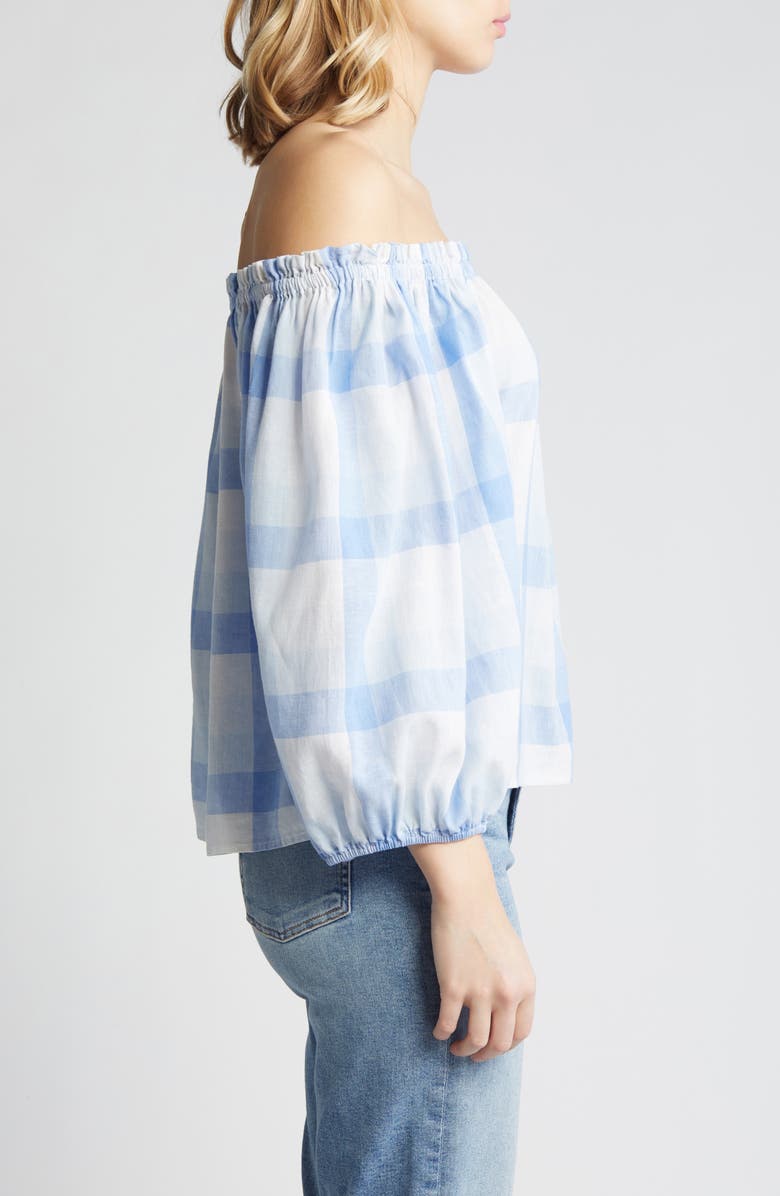 Caslon<sup>®</sup> Check Off the Shoulder Linen Blend Top, Alternate, color, Blue- White Multi Check