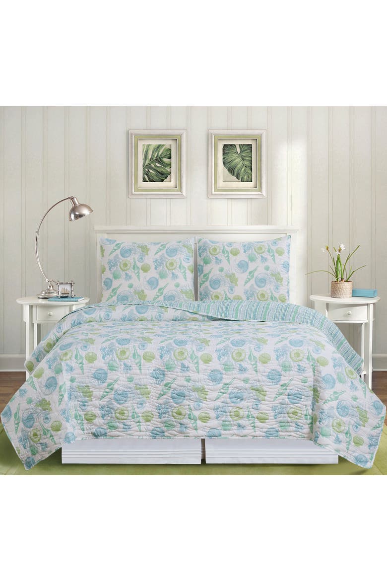Delray Beach Coastal Seashell Quilt Set  - Reversible and Machine Washable, Alternate, color, Blue