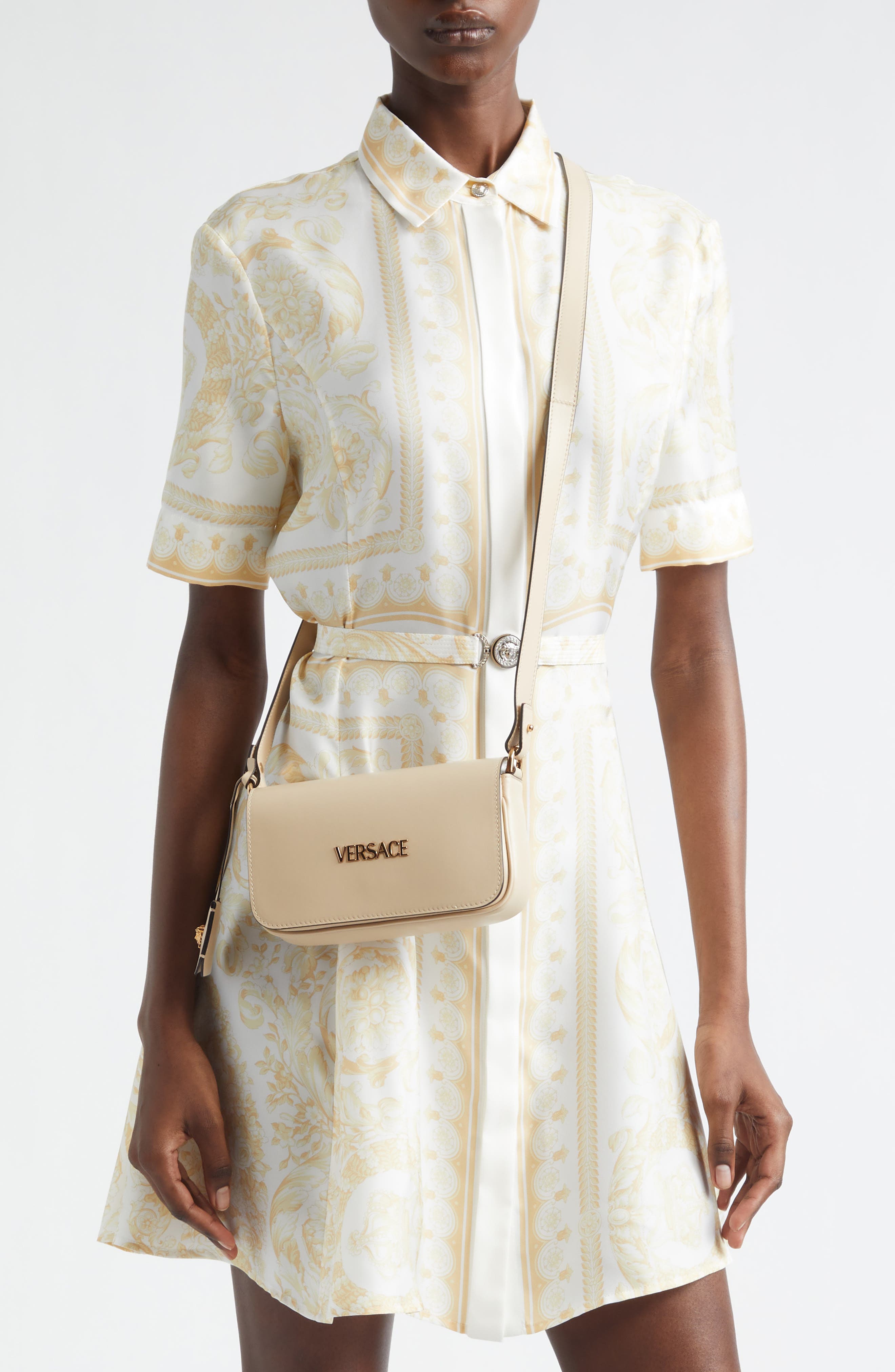 Versace Mini Tag Leather Shoulder Bag, Alternate, color, Cream-Versace Gold