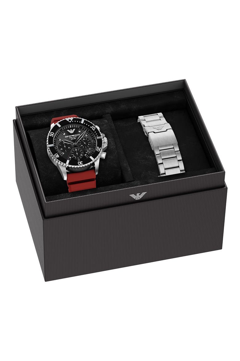 World Explorer Solar Chronograph Bracelet Watch Set, 43mm, Main, color, RED/ SILVER