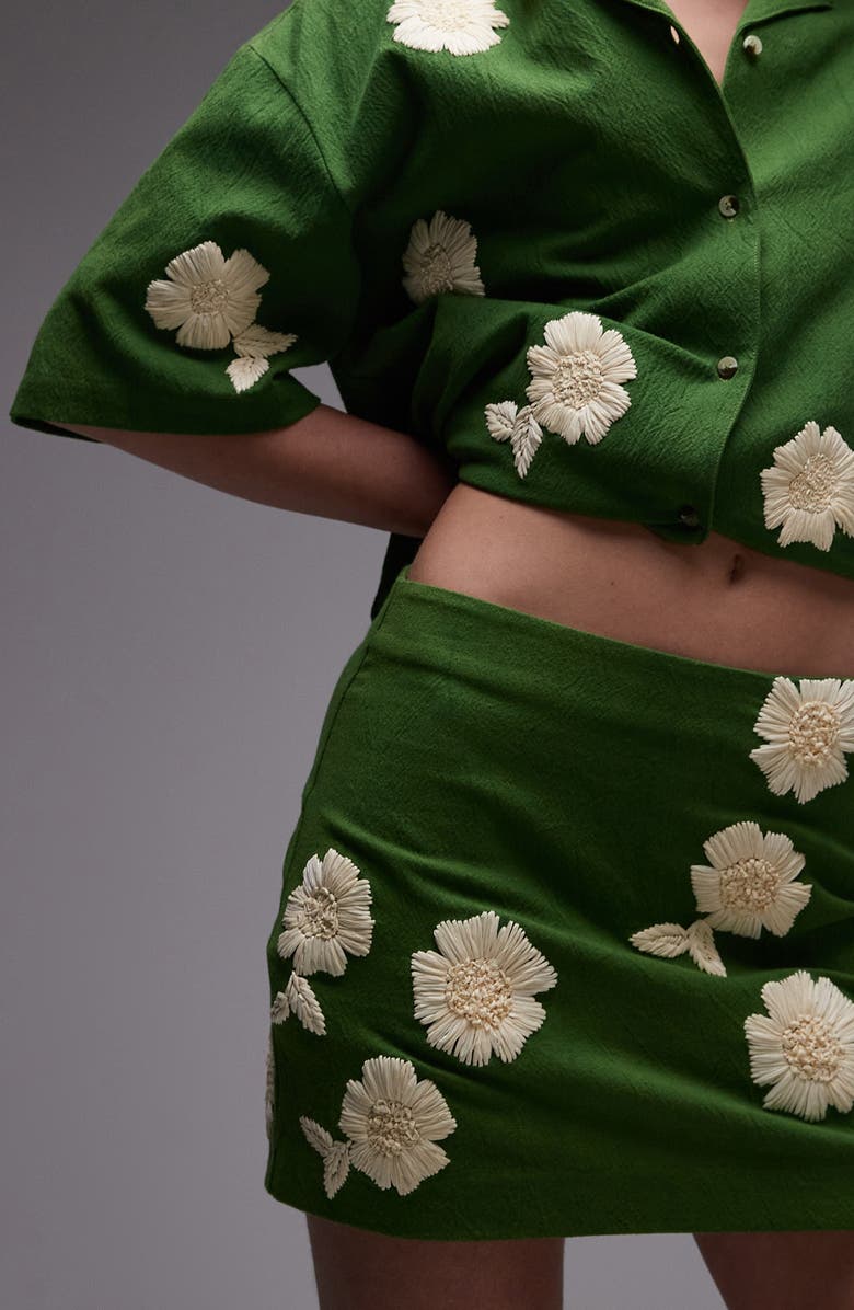 Topshop Pelmet Raffia Flowers Miniskirt, Alternate, color, Medium Green