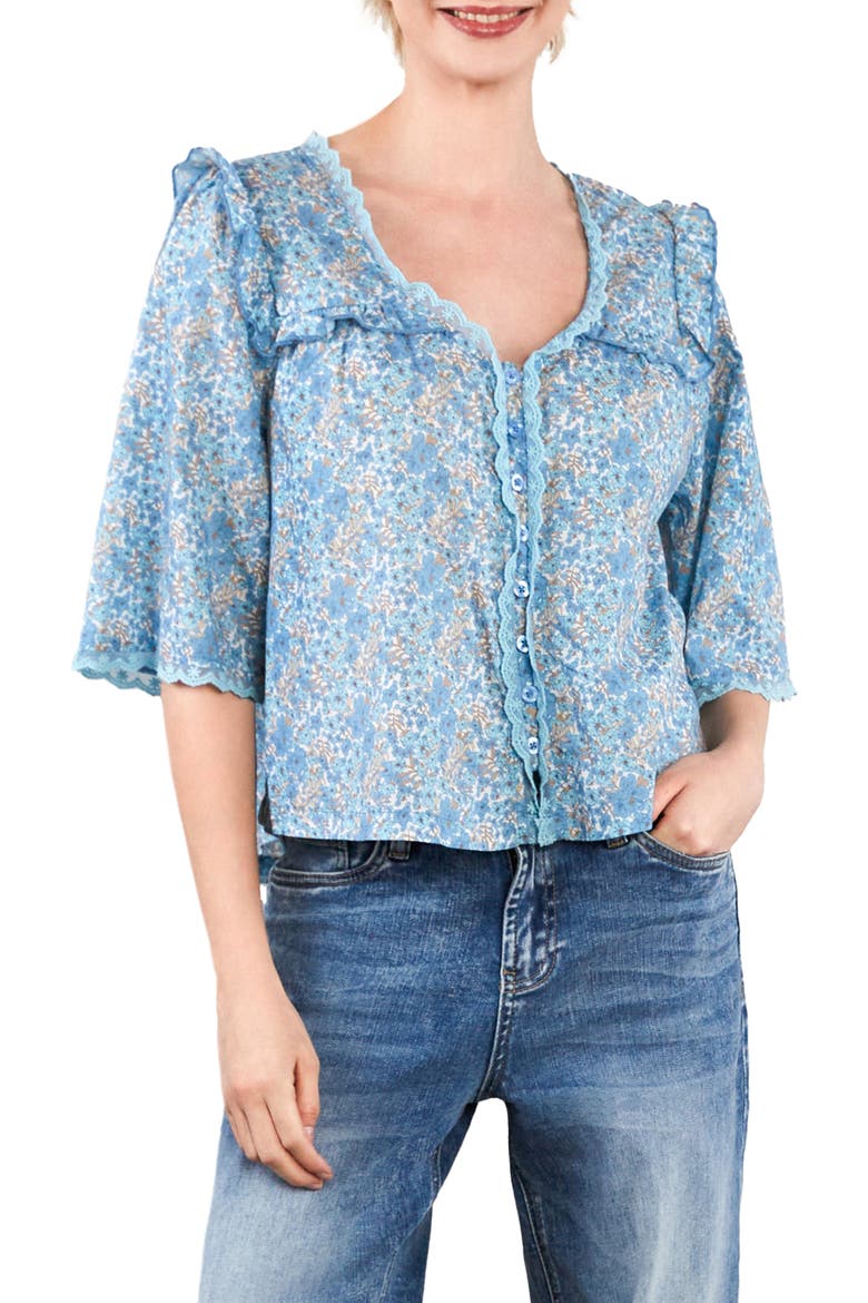 Happy Allie Floral Cotton Blend Button-Up Shirt, Main, color, COOL BLOOM