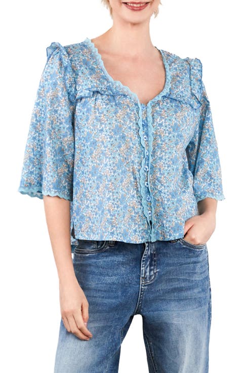 Happy Allie Floral Cotton Blend Button-Up Shirt