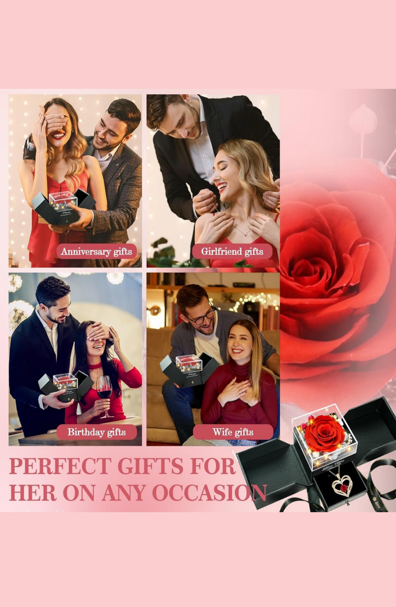 Lovery Valentines Preserved Red Rose with LED Lights & 14K Gold Plated Double Heart Ruby Necklace, Alternate, color, Black, Red