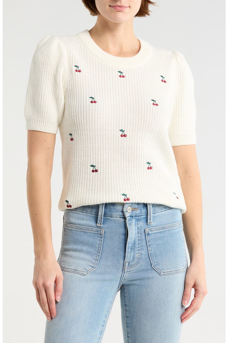 Cherry Embroidered Short Sleeve Sweater, Main, color, BRIGHT WHITE