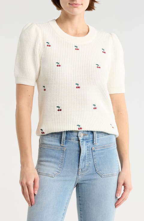 Cherry Embroidered Short Sleeve Sweater