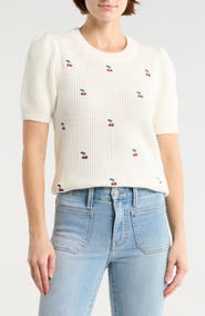 Lucky Brand Cherry Embroidered Short Sleeve Sweater