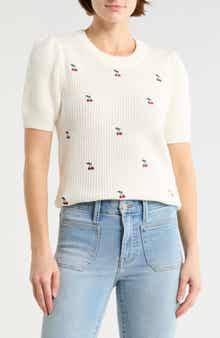 Lucky Brand Cherry Embroidered Short Sleeve Sweater