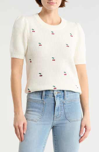 Lucky Brand Cherry Embroidered Short Sleeve Sweater