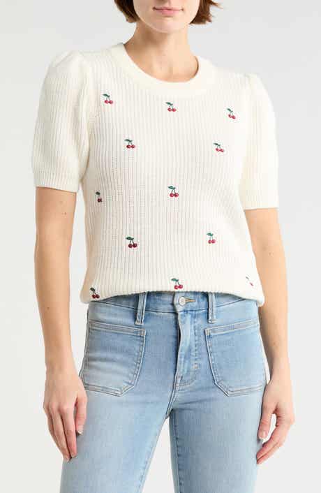 Lucky Brand Cherry Embroidered Short Sleeve Sweater