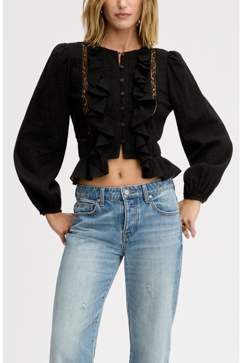 Lace Inset Ruffle Cotton Button-Up Shirt, Main, color, TRUE BLACK