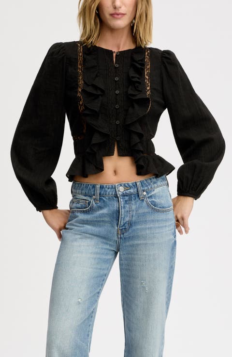 Lace Inset Ruffle Cotton Button-Up Shirt