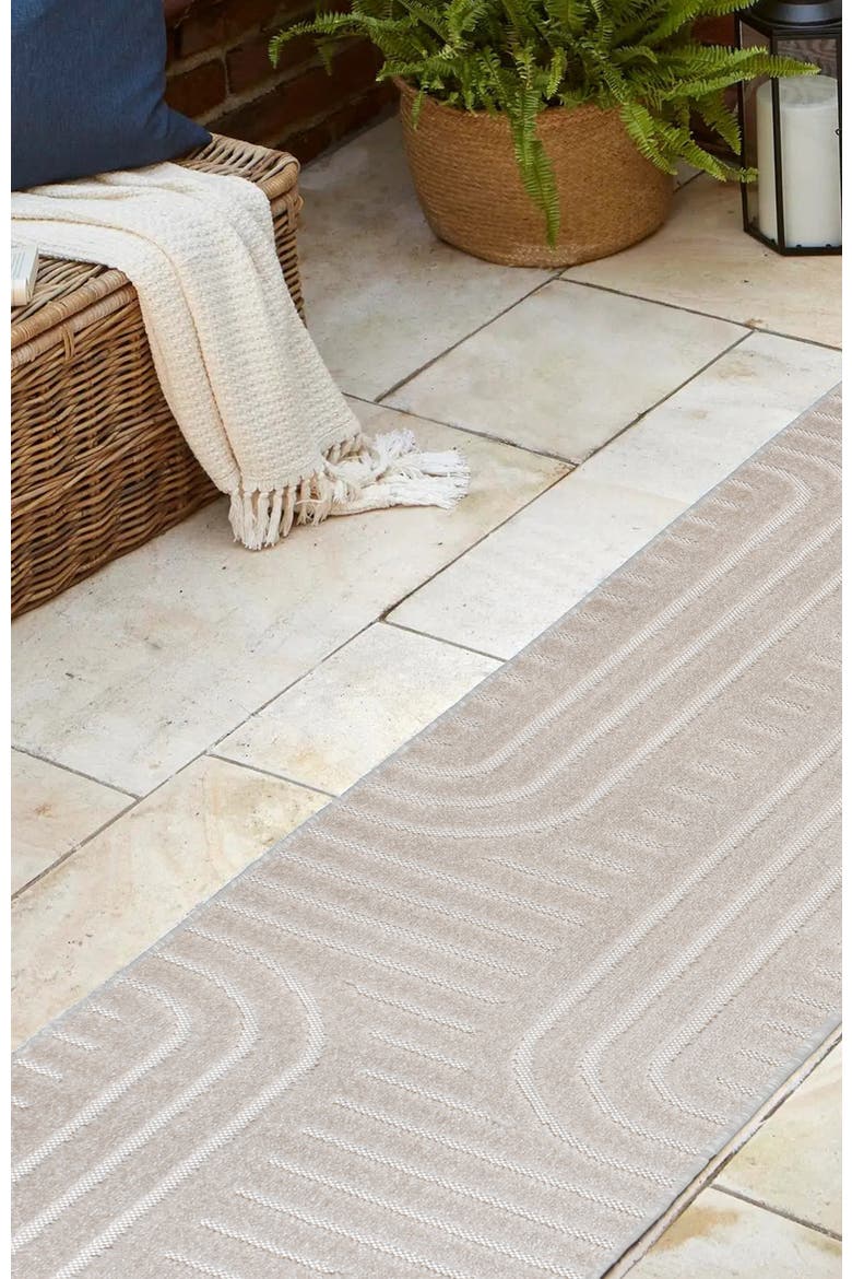 Anders High-Low MidCentury Modern Arch Stripe Two-Tone Indoor/Outdoor Area Rug, Alternate, color, White/Cream