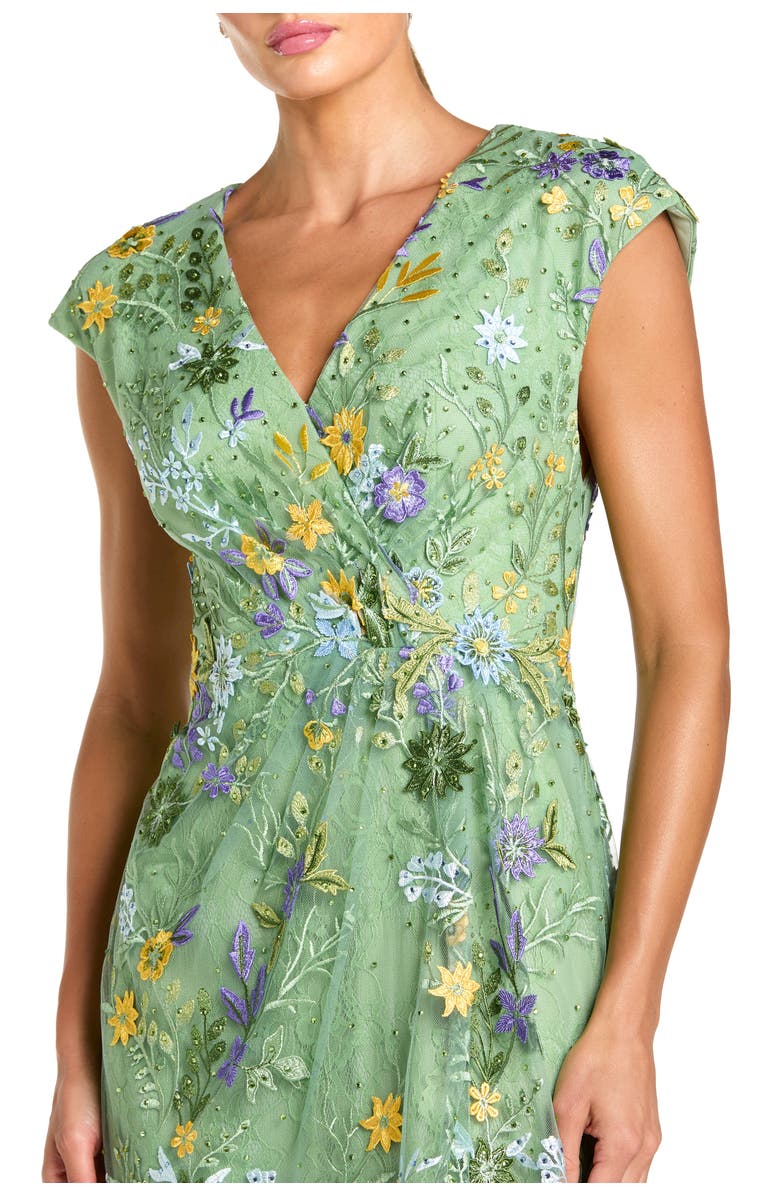 Mac Duggal Faux Wrap Embroidered Cap Sleeve Gown, Alternate, color, Sage