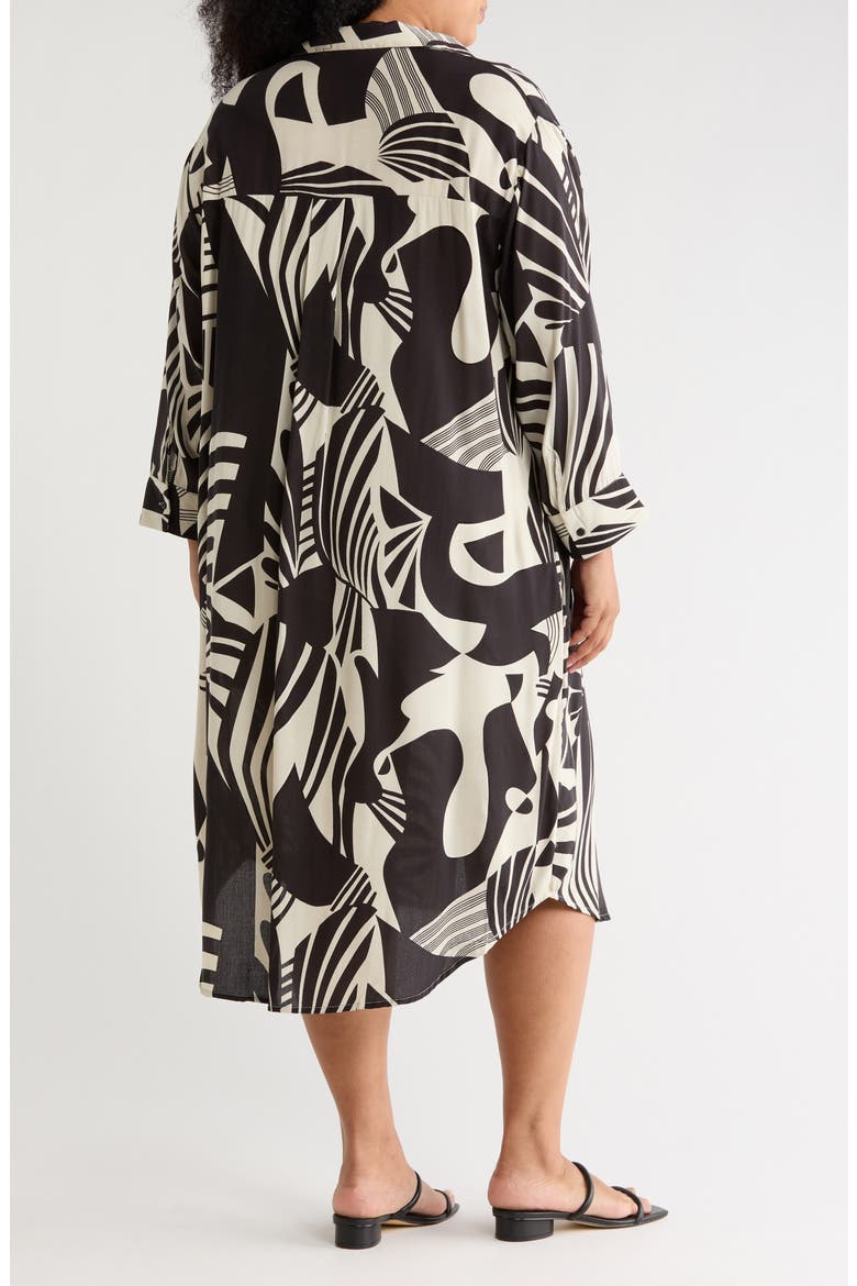 Tropical Long Sleeve Shirtdress, Alternate, color, BLK/WHITE