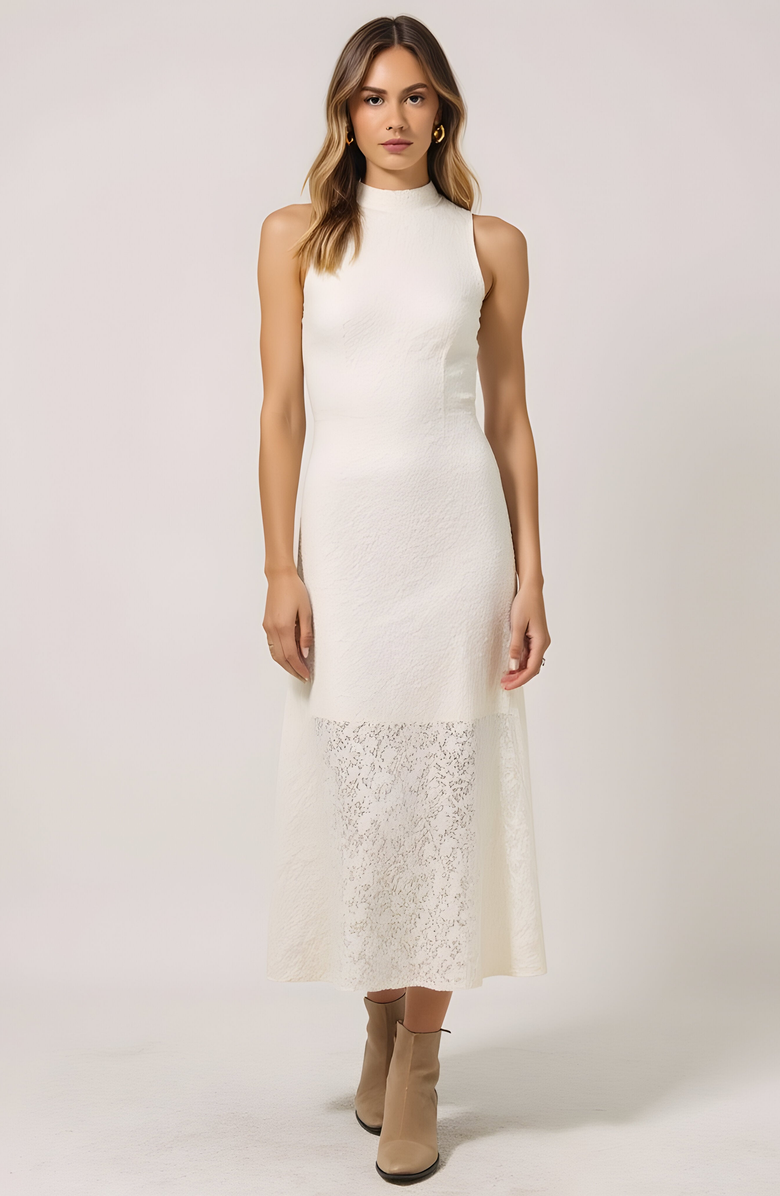 Modenaire Textured Sleeveless Midi Dress with Mock Neck and Lace Hem Inset, Main, color, 