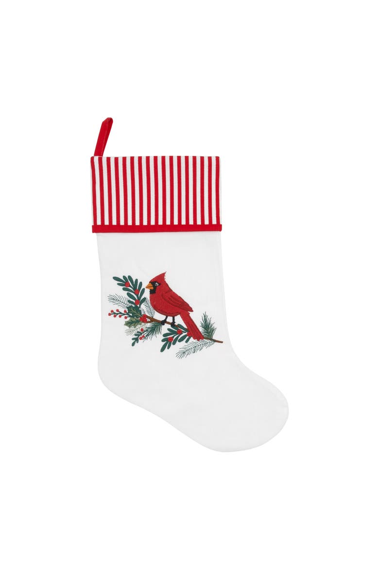 Cardinal Bird On Holly Berry Branch Striped Sleeve Christmas Stocking, Main, color, Red