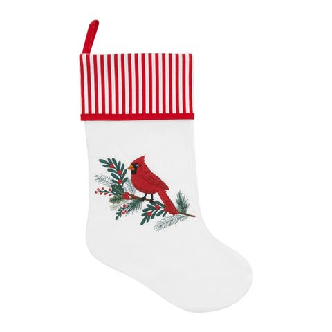 Cardinal Bird On Holly Berry Branch Striped Sleeve Christmas Stocking