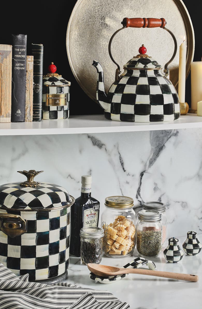 MACKENZIE CHILDS Courtly Check Enameled Steel 3-Quart Tea Kettle, Alternate, color, Black/ White