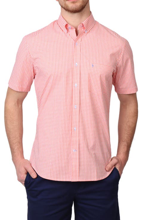 Gingham Short Sleeve Stretch Cotton Button-Up Shirt