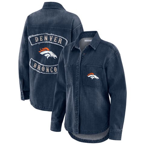 Women's WEAR by Erin Andrews Denim Denver Broncos Washed Oversized Denim Full-Snap Shacket