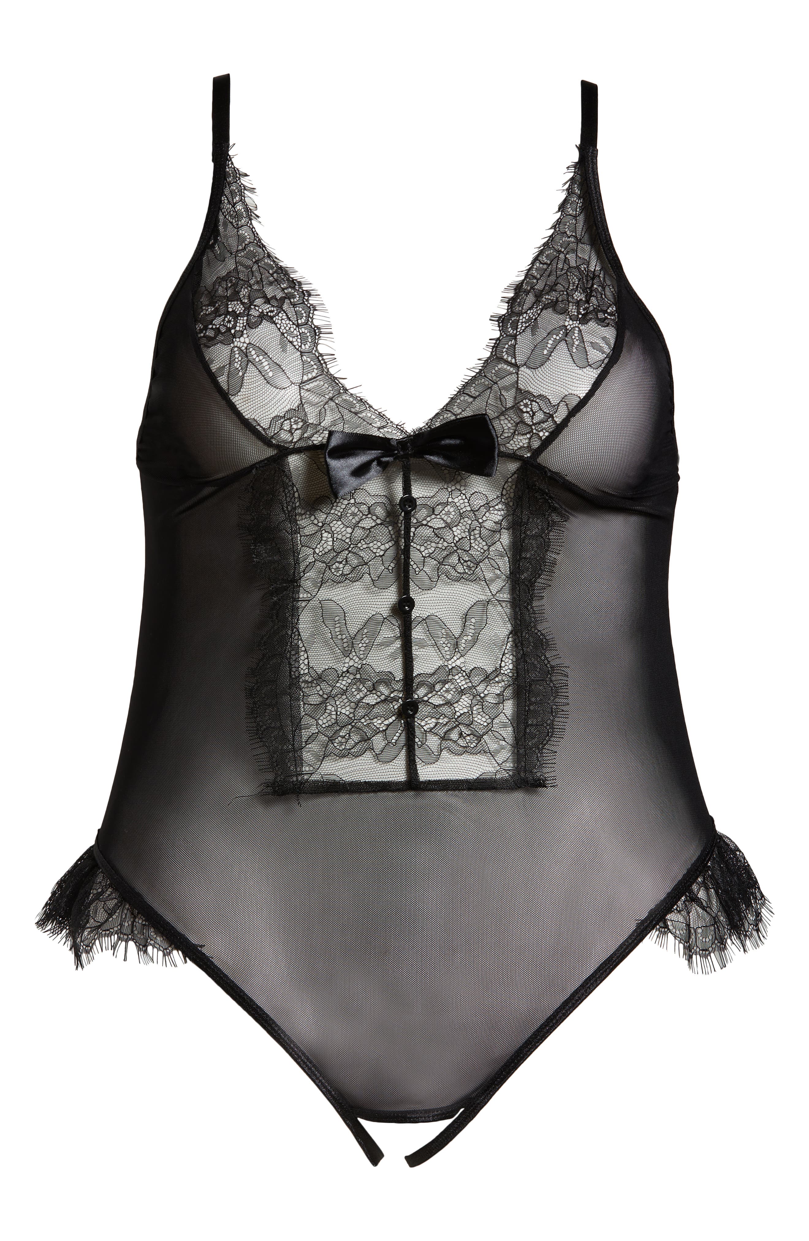 Coquette Lace & Mesh Open Gusset Teddy in Black 