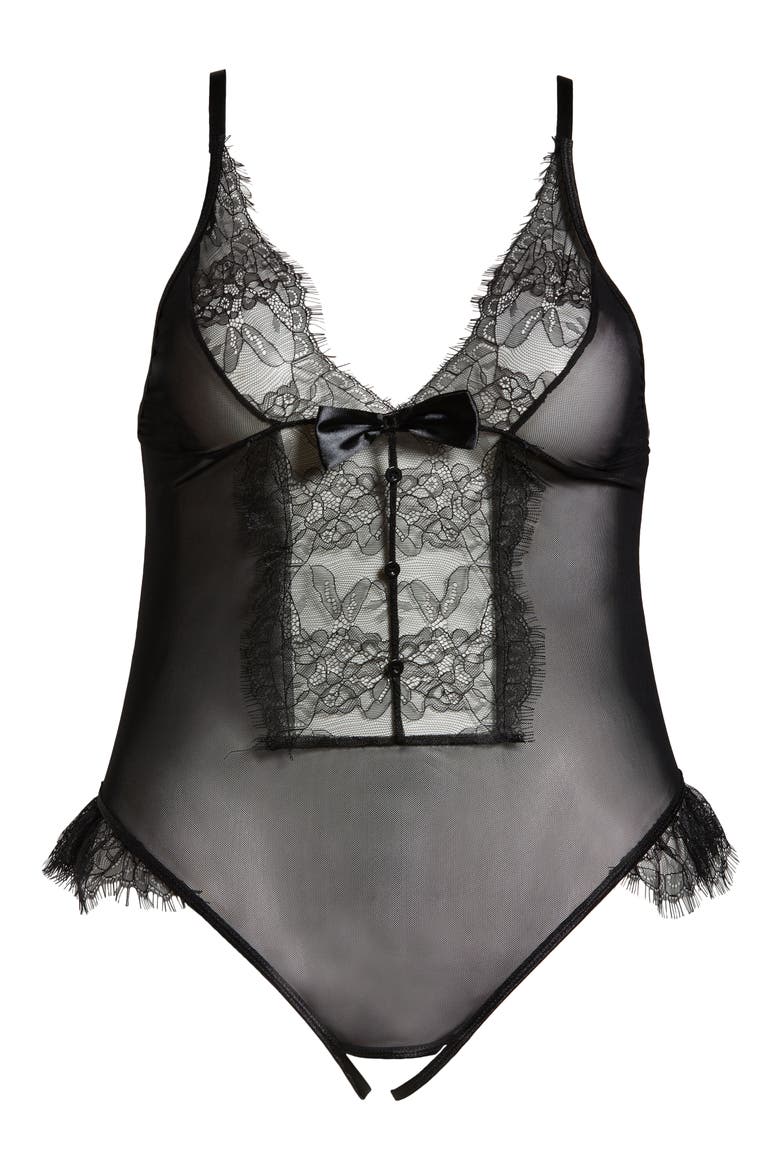 Lace & Mesh Open Gusset Teddy, Main, color, BLACK