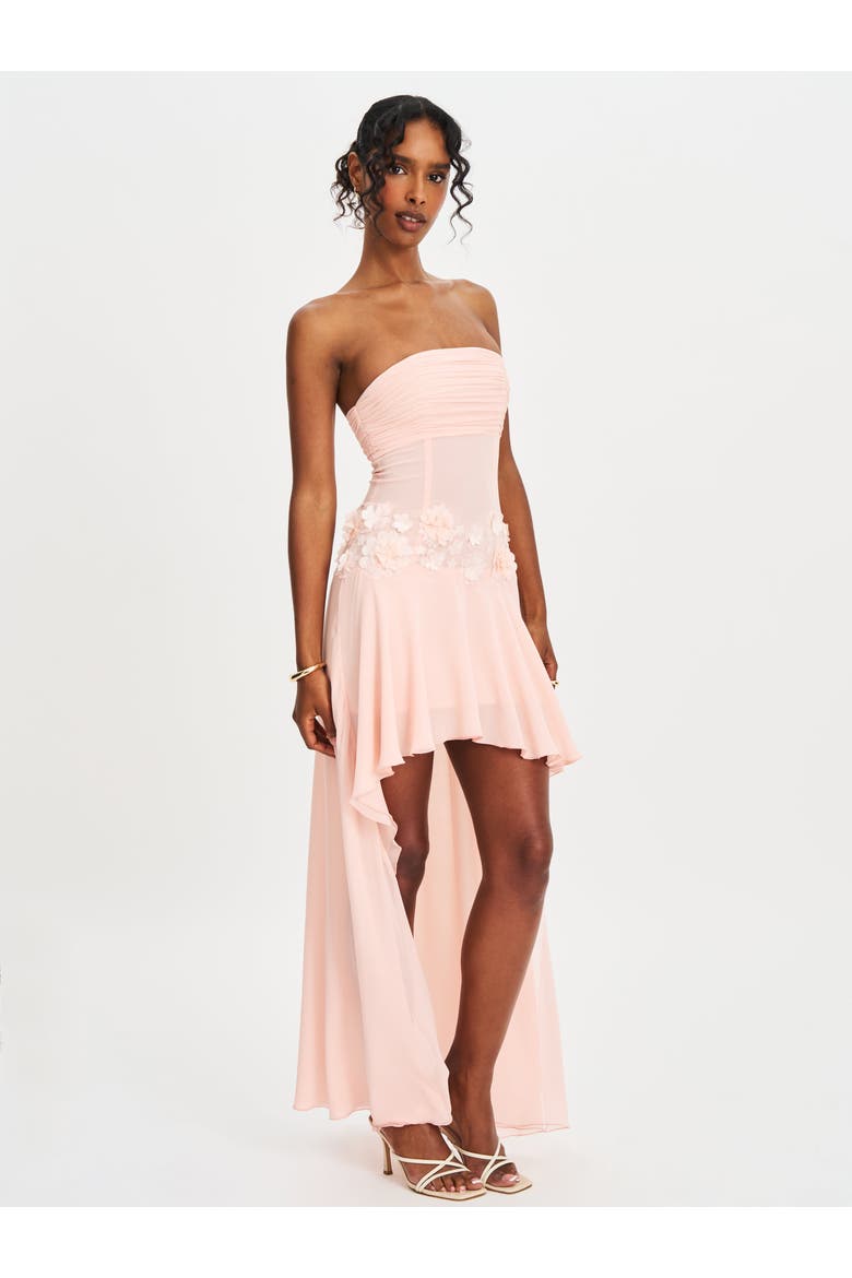 Mae Ruched Breast Appliqué Trim Trailing Dress, Alternate, color, Baby pink chiffon