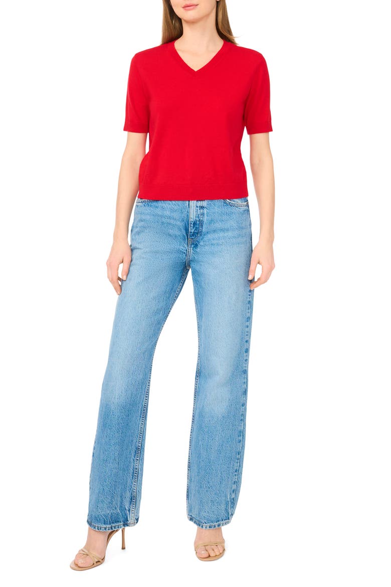 V-Neck Short Sleeve Sweater, Alternate, color, HOT RED