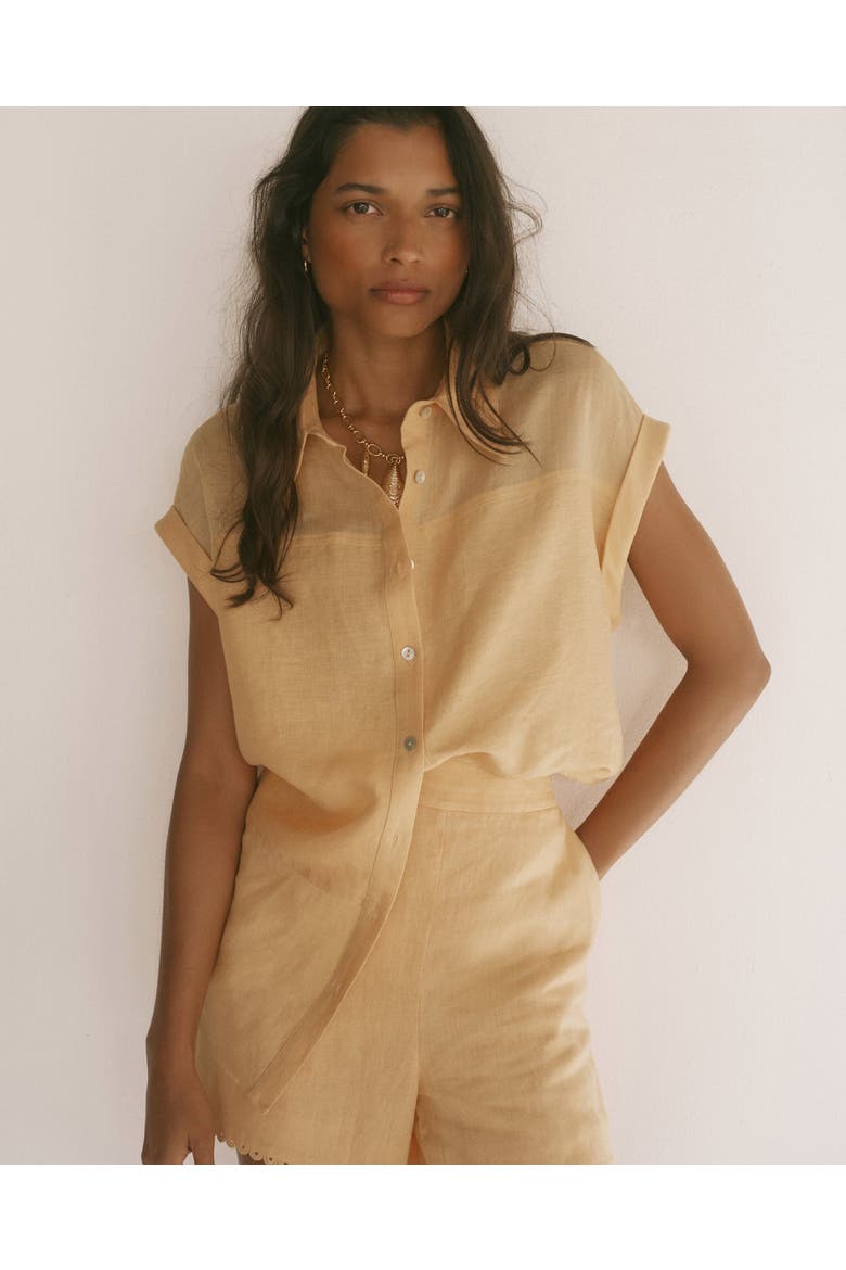 Linen Blend Sheer Panel Shirt, Alternate, color, Yellow