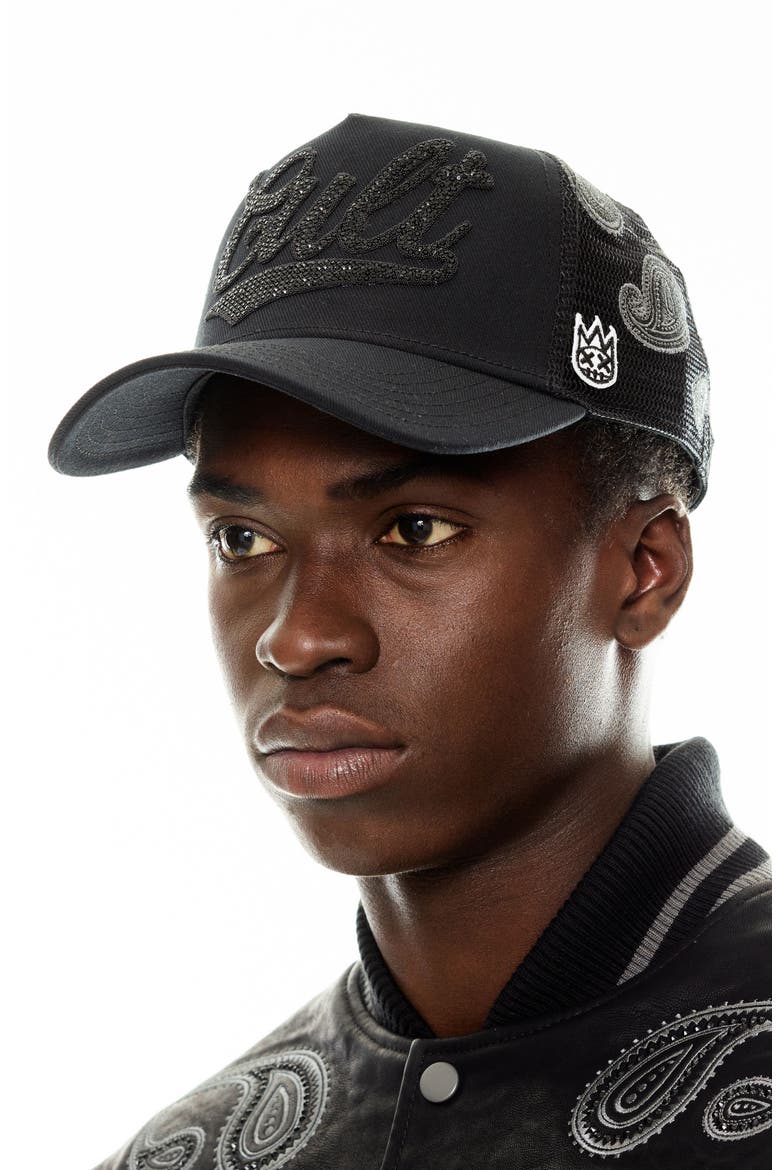 Paisley Crystal Logo Trucker Hat, Alternate, color, BLACK