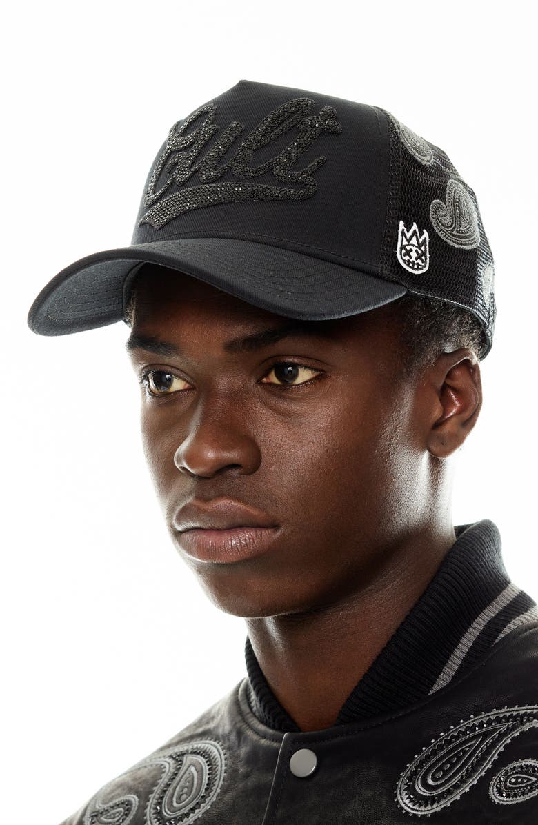 Cult of Individuality Paisley Crystal Logo Trucker Hat, Alternate, color, Black