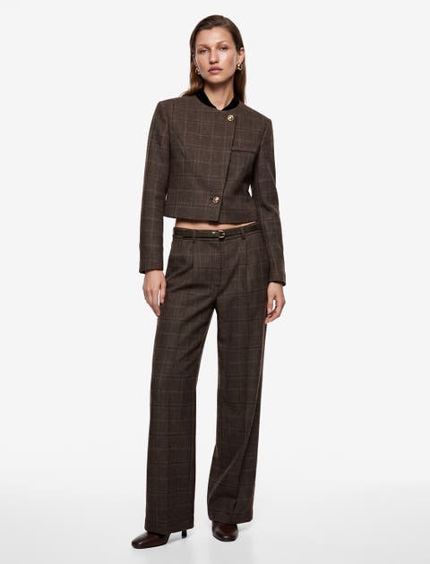 Long Sleeve Plaid Cropped Mandarin Jacket