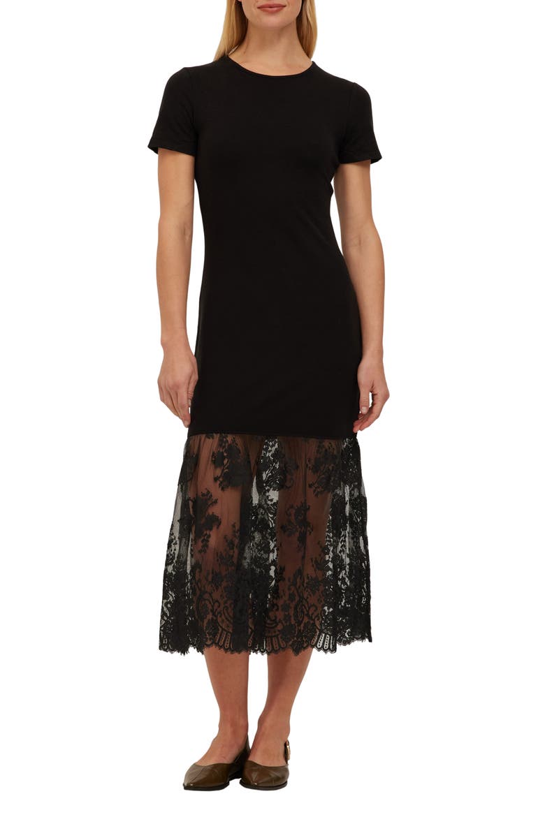 Malibu Lace Hem Rib T-Shirt Dress, Main, color, BLACK