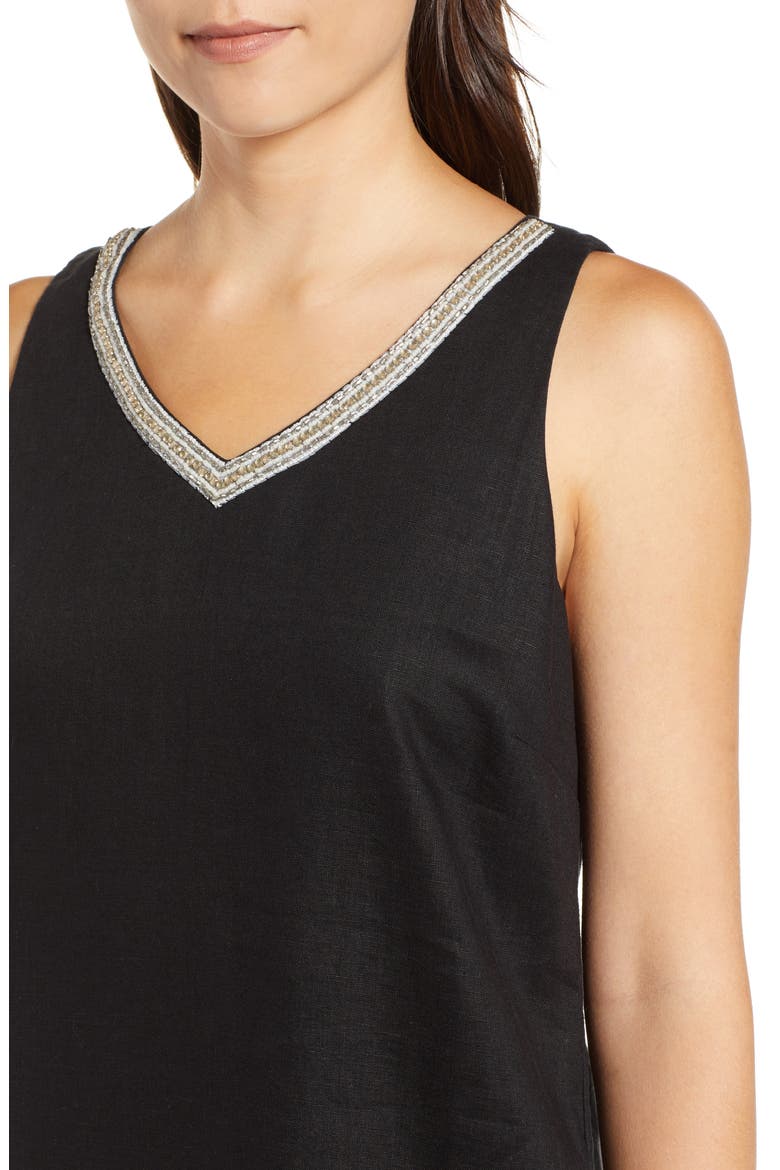 Linen Embellished Shift Dress, Alternate, color, BLACK