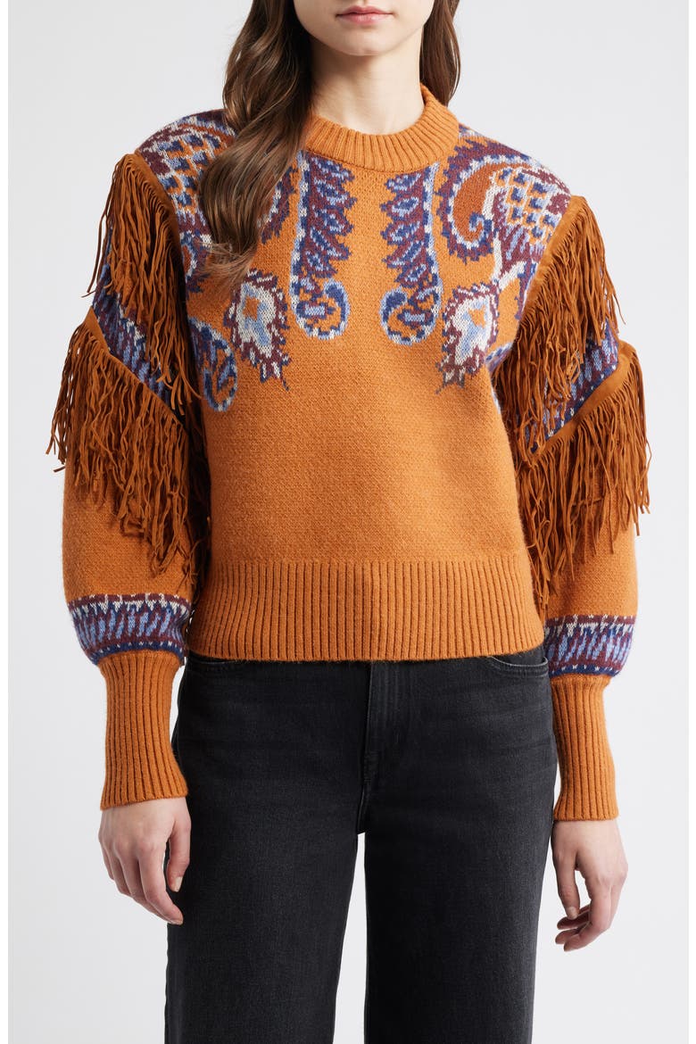 Arabesque Scarf Fringe Knit Sweater, Main, color, BROWN