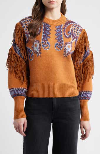 FARM Rio Arabesque Scarf Fringe Knit Sweater