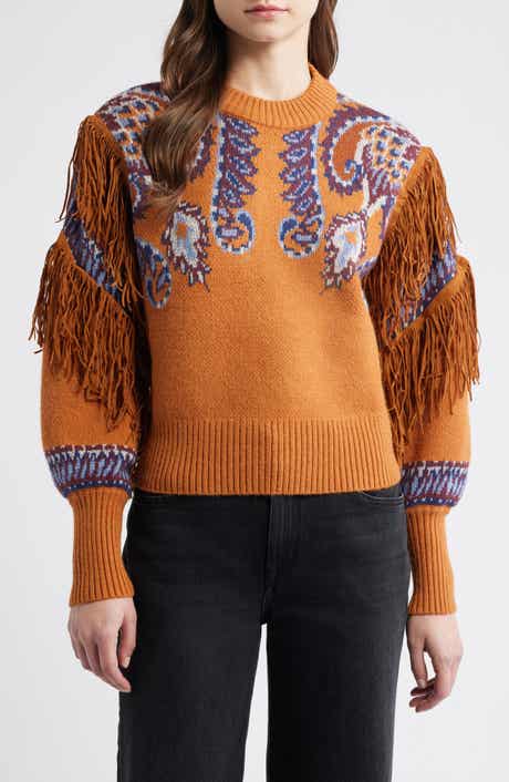 FARM Rio Arabesque Scarf Fringe Knit Sweater