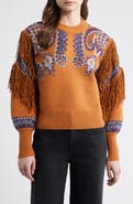 FARM Rio Arabesque Scarf Fringe Knit Sweater