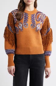 FARM Rio Arabesque Scarf Fringe Knit Sweater